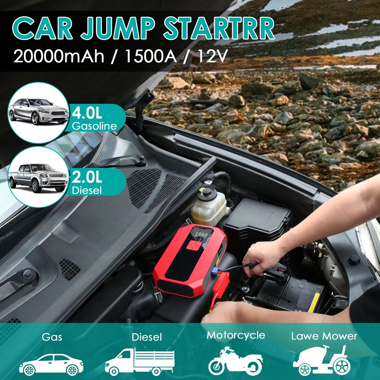 1500A Portable Car Jump Starter + Air Compressor (Emergency Power Kit)
